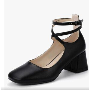 IDIFU Black Block Heels with Double Ankle Straps
